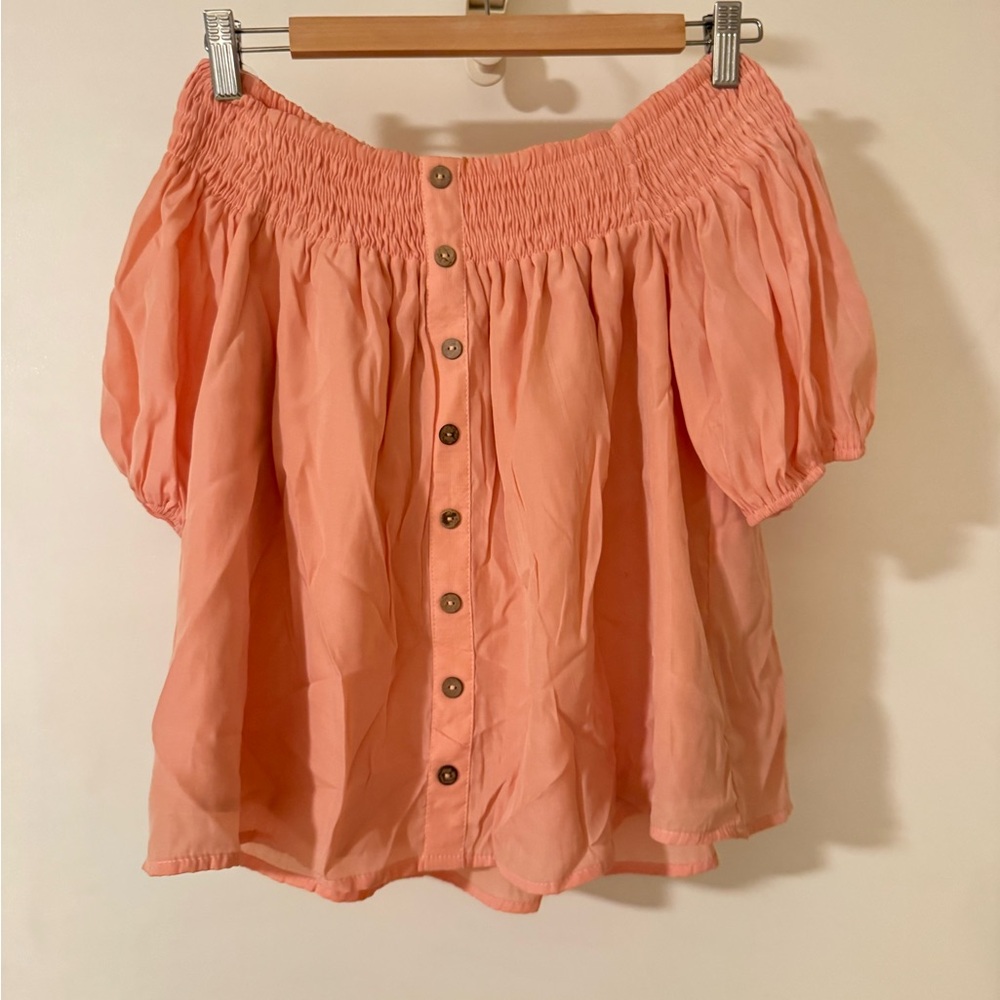 Peach Off-Shoulder Button-Up Top